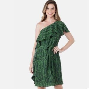💚💙 MICHAEL MICHAEL KORS Green & Blue Fern Print Ruffle One-Shoulder Dress - Sz 6